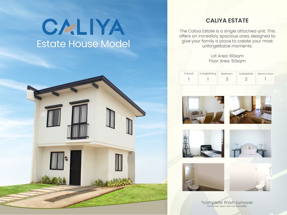 Caliya Estate house model specification sheet with real interior photos